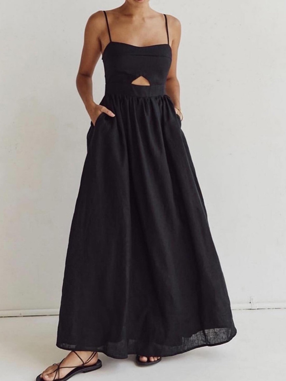 Commense Cotton Sleeveless Pockets Cutout Long Dress in Black size Small. NWT - Picture 1 of 7